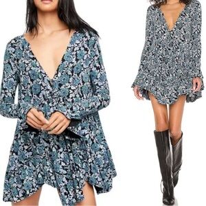 NWT FREE PEOPLE Olivia Printed Tunic Mini Dress in Deep Sea Combo Women's Size X